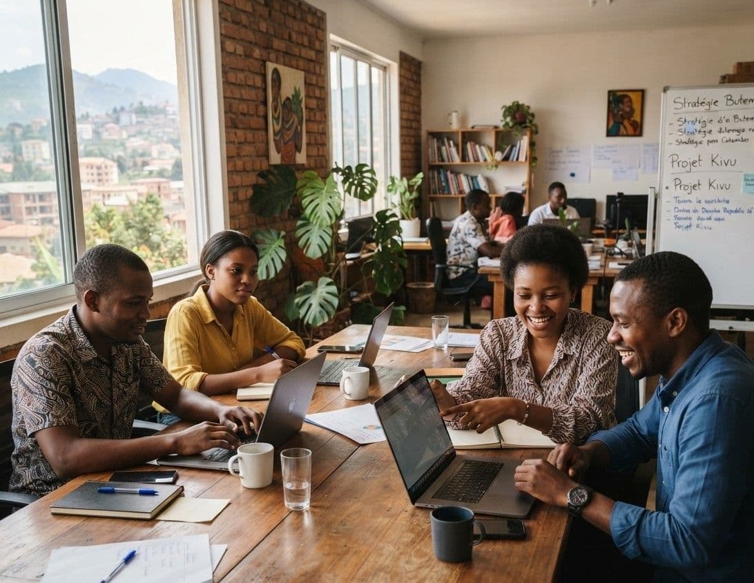 Professionnels réunis autour d'ordinateurs dans un bureau lumineux